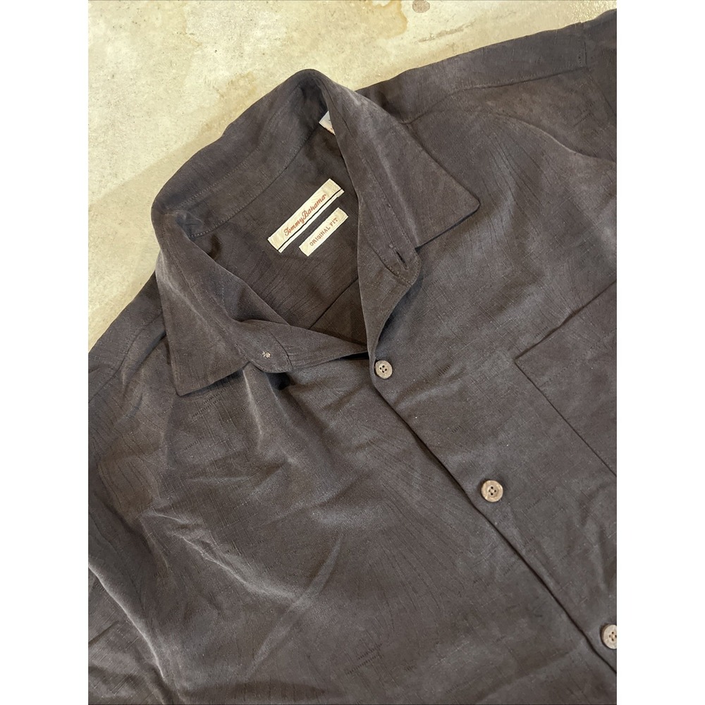 Tommy Bahama Camp Shirt Mens XL Brown Button Up Silk Beach Casual Subtle Print